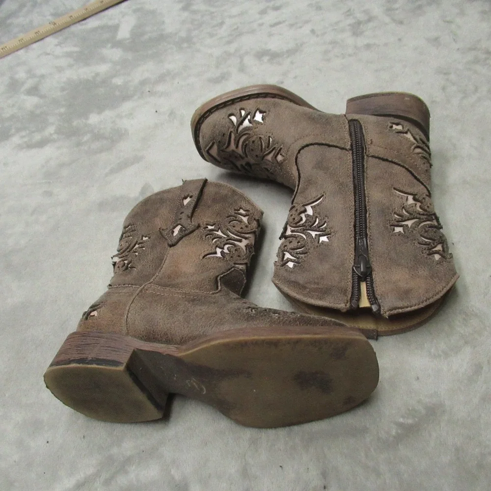 Roper Toddlers 7 Lola Cowboy Boots Brown Faux Leather‎ Western Side Zip Square